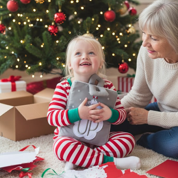 Child in pajamas sitting on the floor with a grandmother, Christmas tree and presents in the background, she has a quiet book in her hands