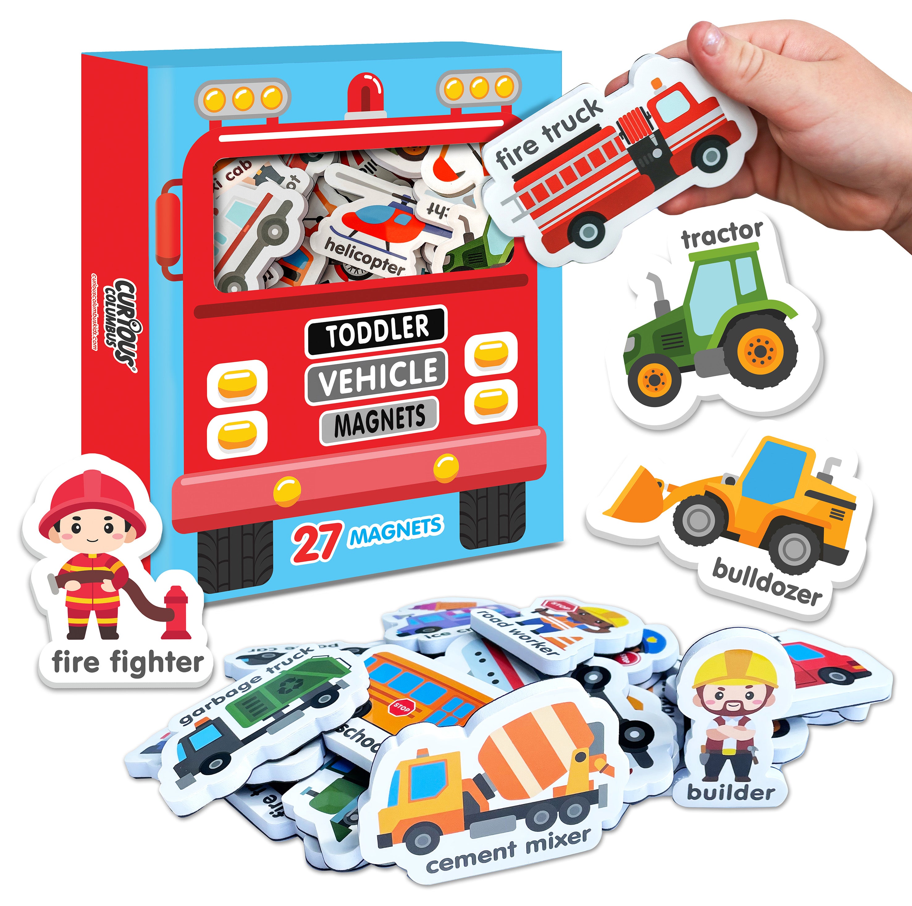 Curious Columbus Magnetic Vehicles – 27pc Fridge Magnets for Toddlers, Baby &amp; Kids