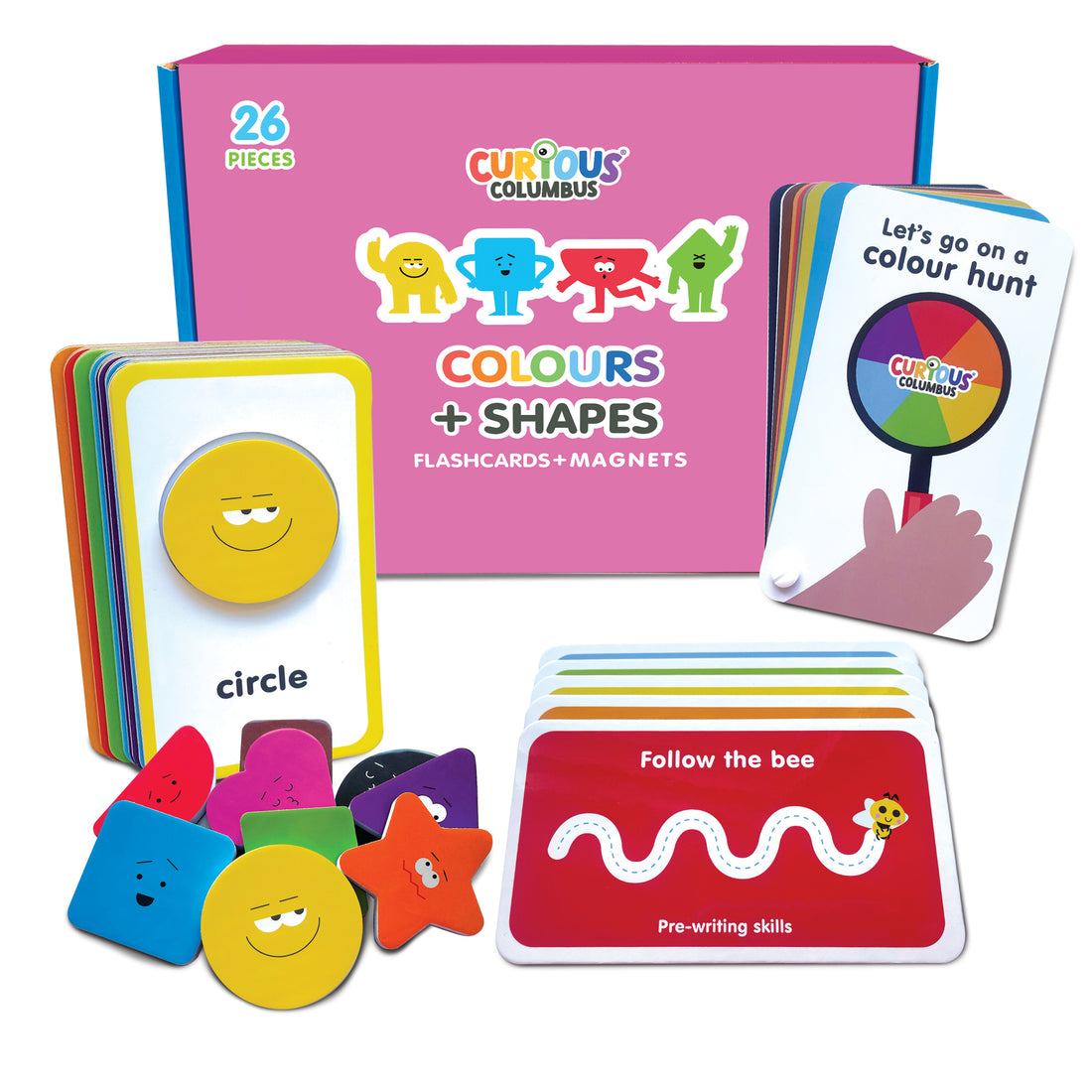 Curious Columbus Flashcards &amp; Magnetic Colours and Shapes – 26 Piece Learning Set