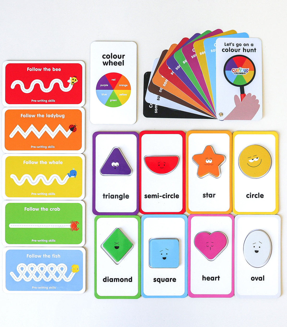 Educational cards for learning colors, shapes, and pre-writing activities on a white background.