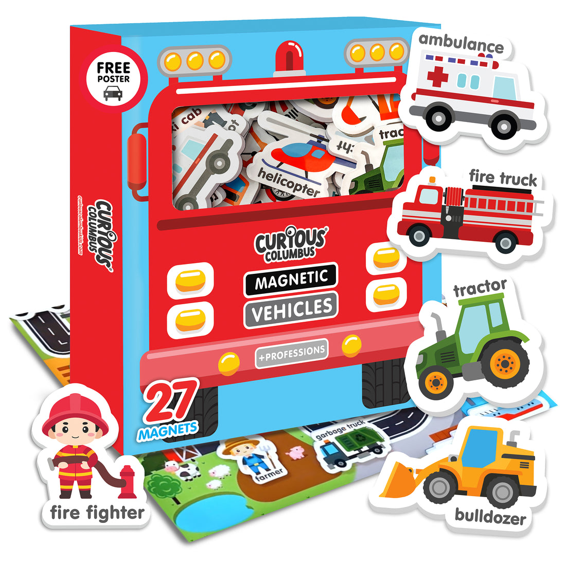 Curious Columbus Magnetic Vehicles – 27pc Fridge Magnets for Toddlers, Baby & Kids