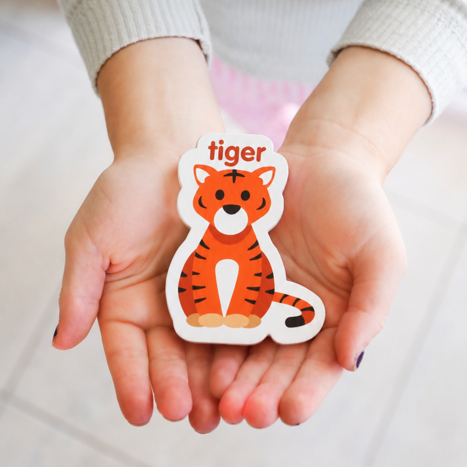 A young child holding a tiger magnet in their hand.