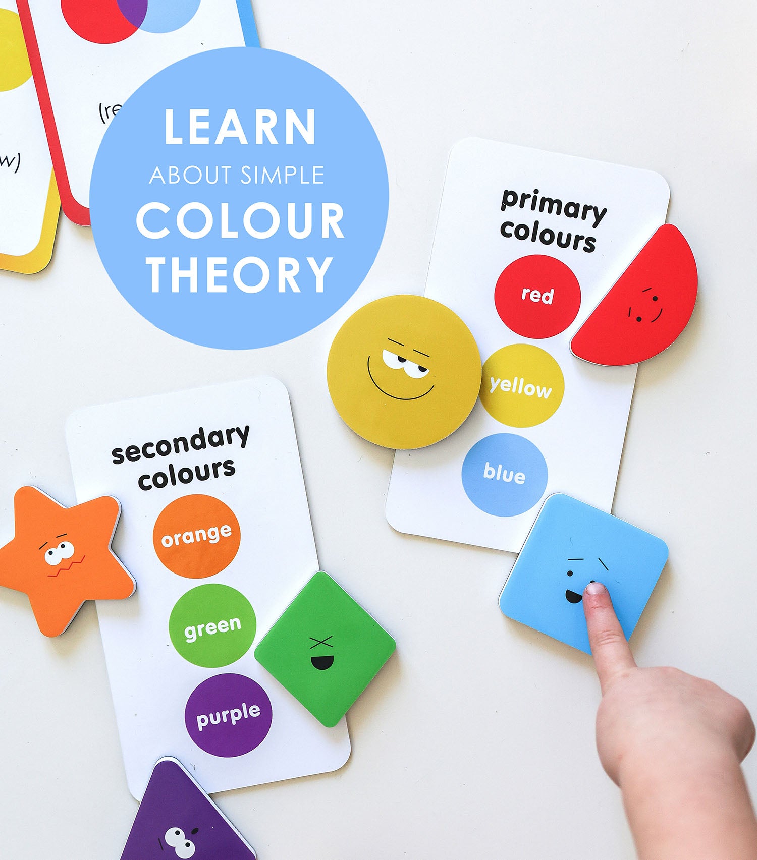 Color theory educational cards with primary and secondary colors on a white background