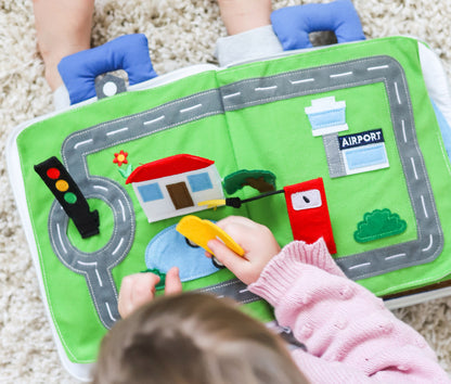 Curious Columbus Fabric Activity Book – Away We Go – Interactive Soft Travel Book